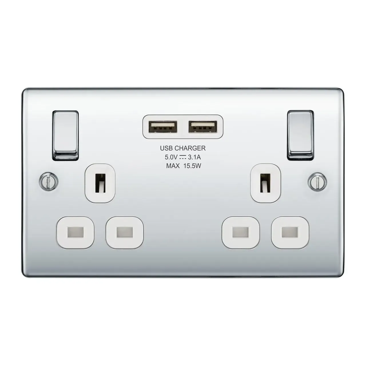 Bg Electrical Polished Chrome 13a 2 Gang Switched Socket With 2 X Usb 3 1a